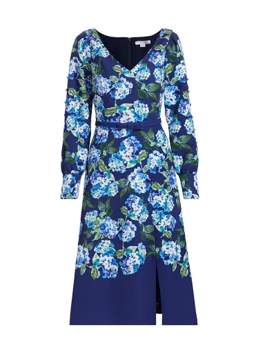 Kay Unger Women's Briony Hydrangea Stretch Crepe Belted Midi-Dress - Deep Navy | Thumbnail 1 Kay Unger Women's Briony Hydrangea Stretch Crepe Belted Midi-Dress - Deep Navy | Thumbnail 1