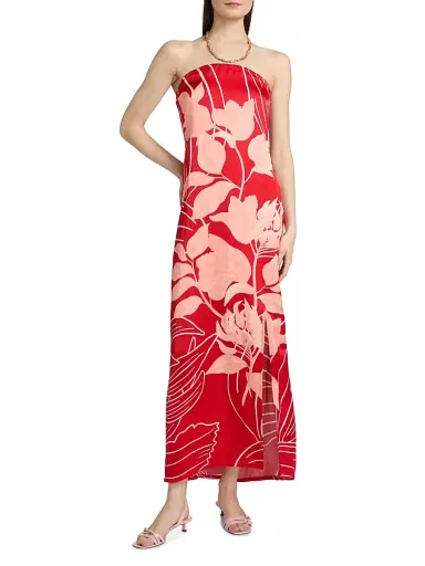 VERANDAH Women's Pushpanjali Tulip Linen-Blend Strapless Gown - Blush And Red Mono Wild Tulip - Size Large | Thumbnail 2 VERANDAH Women's Pushpanjali Tulip Linen-Blend Strapless Gown - Blush And Red Mono Wild Tulip - Size Large | Thumbnail 2