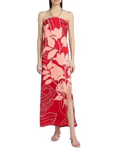 VERANDAH Women's Pushpanjali Tulip Linen-Blend Strapless Gown - Blush And Red Mono Wild Tulip - Size Large | Thumbnail 3 VERANDAH Women's Pushpanjali Tulip Linen-Blend Strapless Gown - Blush And Red Mono Wild Tulip - Size Large | Thumbnail 3