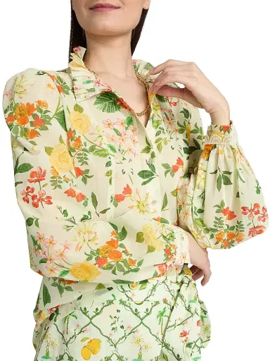 VERANDAH Women's Pushpanjali Floral Cotton Ruffle Collar Shirt - Ivory Mixed Floral - Size Large | Thumbnail 6 VERANDAH Women's Pushpanjali Floral Cotton Ruffle Collar Shirt - Ivory Mixed Floral - Size Large | Thumbnail 6
