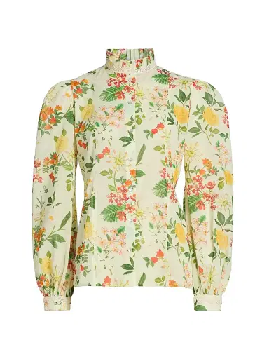 VERANDAH Women's Pushpanjali Floral Cotton Ruffle Collar Shirt - Ivory Mixed Floral - Size Large | Thumbnail 1 VERANDAH Women's Pushpanjali Floral Cotton Ruffle Collar Shirt - Ivory Mixed Floral - Size Large | Thumbnail 1