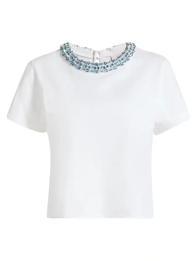 Women's Rhinestone Border Shrunken T-Shirt - White Bluebell Women's Rhinestone Border Shrunken T-Shirt - White Bluebell
