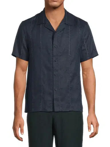 Vince Men's Eyelet Striped Linen Shirt - Coastal | Thumbnail 3 Vince Men's Eyelet Striped Linen Shirt - Coastal | Thumbnail 3