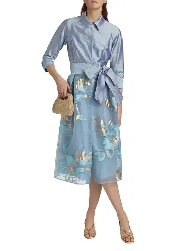 Teri Jon by Rickie Freeman Women's Floral Organza Tie-Waist Cocktail Shirtdress - Periwinkle Multi - Size 14 | Thumbnail 3 Teri Jon by Rickie Freeman Women's Floral Organza Tie-Waist Cocktail Shirtdress - Periwinkle Multi - Size 14 | Thumbnail 3