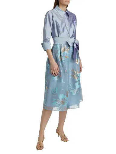Teri Jon by Rickie Freeman Women's Floral Organza Tie-Waist Cocktail Shirtdress - Periwinkle Multi - Size 14 | Thumbnail 4 Teri Jon by Rickie Freeman Women's Floral Organza Tie-Waist Cocktail Shirtdress - Periwinkle Multi - Size 14 | Thumbnail 4