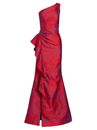Teri Jon by Rickie Freeman Women's Jacquard One-Shoulder Ruched Gown - Fuchsia Red - Size 16 | Thumbnail 1 Teri Jon by Rickie Freeman Women's Jacquard One-Shoulder Ruched Gown - Fuchsia Red - Size 16 | Thumbnail 1
