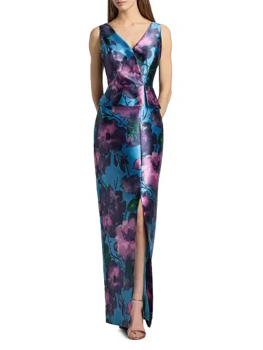Kay Unger Women's Celeste Floral Mikado Column Gown - Spring Aqua Multi | Thumbnail 3 Kay Unger Women's Celeste Floral Mikado Column Gown - Spring Aqua Multi | Thumbnail 3