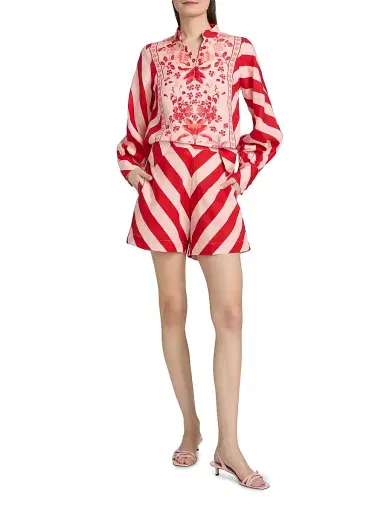 VERANDAH Women's Pushpanjali Summer Striped Linen-Cotton Shorts - Blush And Red Stripes - Size Large | Thumbnail 2 VERANDAH Women's Pushpanjali Summer Striped Linen-Cotton Shorts - Blush And Red Stripes - Size Large | Thumbnail 2