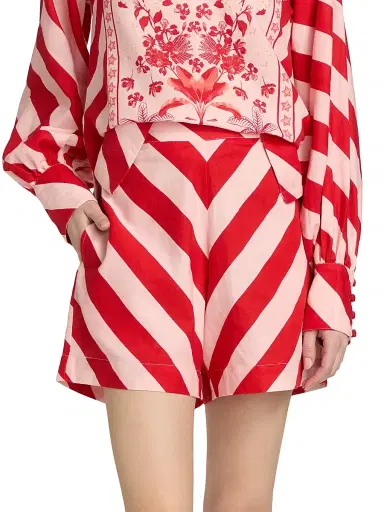 VERANDAH Women's Pushpanjali Summer Striped Linen-Cotton Shorts - Blush And Red Stripes - Size Large | Thumbnail 3 VERANDAH Women's Pushpanjali Summer Striped Linen-Cotton Shorts - Blush And Red Stripes - Size Large | Thumbnail 3
