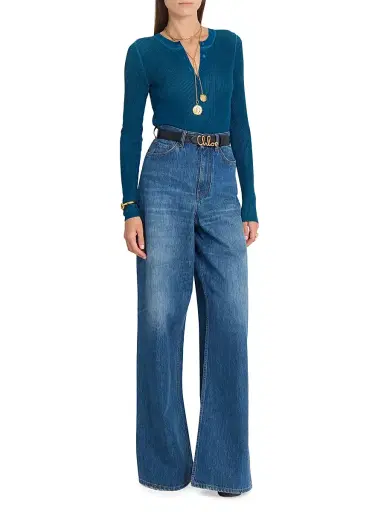 Chloé Women's Rib-Knit Wool-Blend Henley - Obscur Blue | Thumbnail 2 Chloé Women's Rib-Knit Wool-Blend Henley - Obscur Blue | Thumbnail 2