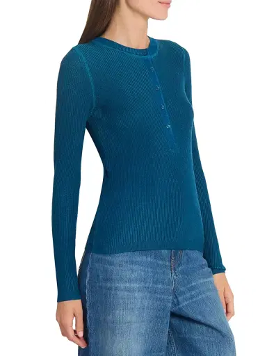 Chloé Women's Rib-Knit Wool-Blend Henley - Obscur Blue | Thumbnail 4 Chloé Women's Rib-Knit Wool-Blend Henley - Obscur Blue | Thumbnail 4