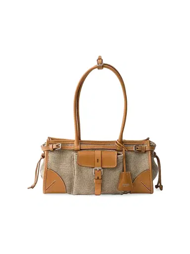 Prada Women's Bonnie Linen and Leather East West Bag - Beige Khaki | Thumbnail 1 Prada Women's Bonnie Linen and Leather East West Bag - Beige Khaki | Thumbnail 1