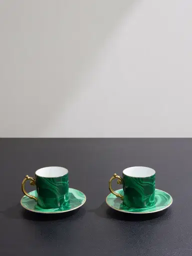 L'Objet Malachite Set of Two Gold-Plated Porcelain Espresso Cups and Saucers - Men | Thumbnail 1 L'Objet Malachite Set of Two Gold-Plated Porcelain Espresso Cups and Saucers - Men | Thumbnail 1