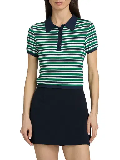 SIMKHAI Women's Marnie Striped Knit Crop Polo Top - Kelly Green Stripe | Thumbnail 3 SIMKHAI Women's Marnie Striped Knit Crop Polo Top - Kelly Green Stripe | Thumbnail 3