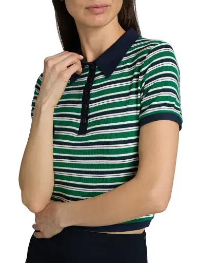 SIMKHAI Women's Marnie Striped Knit Crop Polo Top - Kelly Green Stripe | Thumbnail 6 SIMKHAI Women's Marnie Striped Knit Crop Polo Top - Kelly Green Stripe | Thumbnail 6