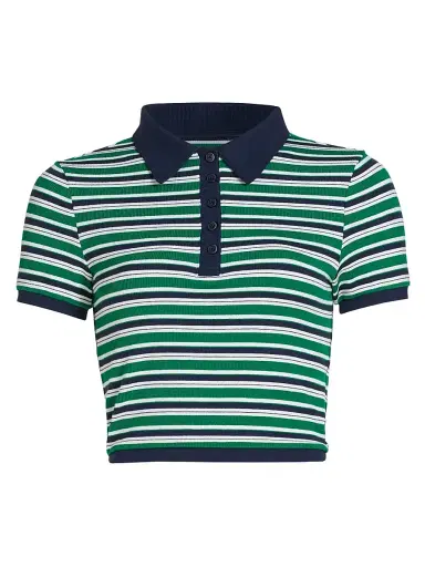 SIMKHAI Women's Marnie Striped Knit Crop Polo Top - Kelly Green Stripe | Thumbnail 1 SIMKHAI Women's Marnie Striped Knit Crop Polo Top - Kelly Green Stripe | Thumbnail 1