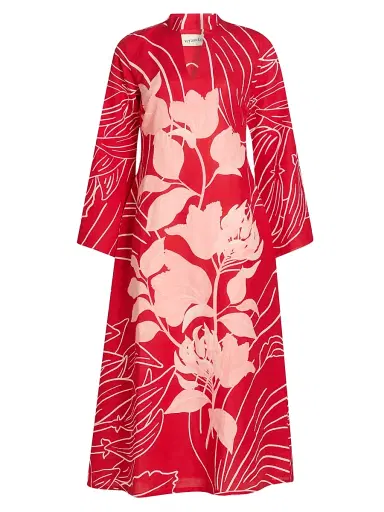 VERANDAH Women's Pushpanjali Wild Tulip Linen-Cotton Tunic Dress - Blush And Red Mono Wild Tulip - Size Medium | Thumbnail 1 VERANDAH Women's Pushpanjali Wild Tulip Linen-Cotton Tunic Dress - Blush And Red Mono Wild Tulip - Size Medium | Thumbnail 1