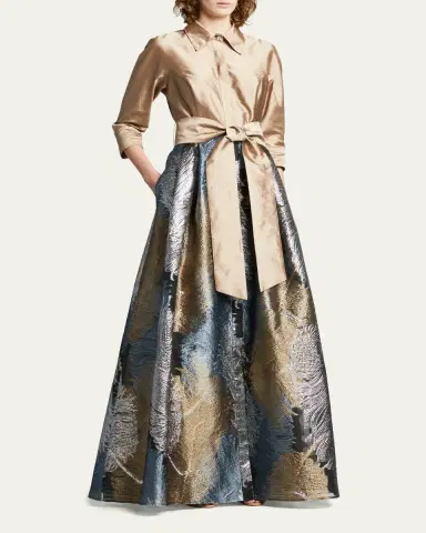 Rickie Freeman for Teri Jon Taffeta Shirtdress w/ Feather Metallic Jacquard | Thumbnail 4 Rickie Freeman for Teri Jon Taffeta Shirtdress w/ Feather Metallic Jacquard | Thumbnail 4