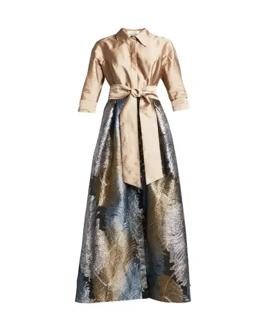 Rickie Freeman for Teri Jon Taffeta Shirtdress w/ Feather Metallic Jacquard | Thumbnail 1 Rickie Freeman for Teri Jon Taffeta Shirtdress w/ Feather Metallic Jacquard | Thumbnail 1