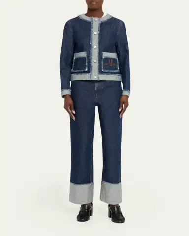 Marni Inside-Out Fringed Trim Denim Collarless Jacket | Thumbnail 2 Marni Inside-Out Fringed Trim Denim Collarless Jacket | Thumbnail 2