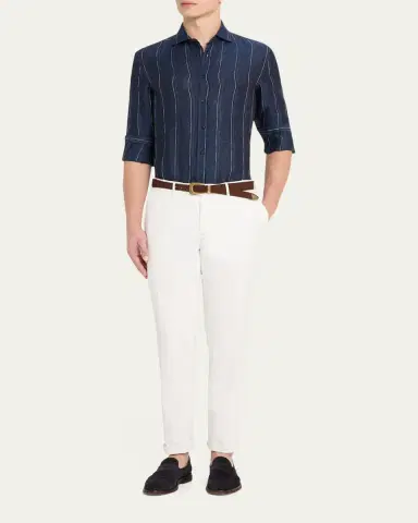 Brunello Cucinelli en's Hairline Stripe Linen Button-Down Shirt | Thumbnail 2 Brunello Cucinelli en's Hairline Stripe Linen Button-Down Shirt | Thumbnail 2