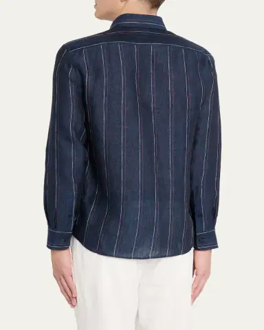 Brunello Cucinelli en's Hairline Stripe Linen Button-Down Shirt | Thumbnail 3 Brunello Cucinelli en's Hairline Stripe Linen Button-Down Shirt | Thumbnail 3