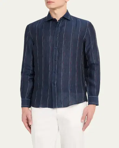 Brunello Cucinelli en's Hairline Stripe Linen Button-Down Shirt | Thumbnail 4 Brunello Cucinelli en's Hairline Stripe Linen Button-Down Shirt | Thumbnail 4