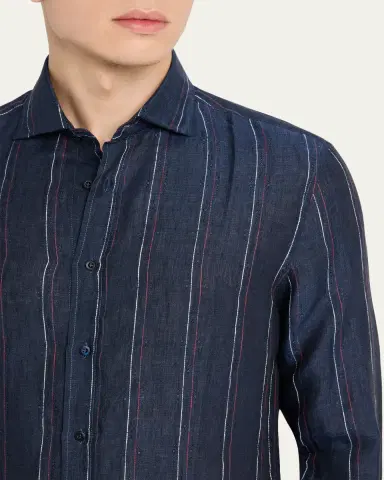 Brunello Cucinelli en's Hairline Stripe Linen Button-Down Shirt | Thumbnail 5 Brunello Cucinelli en's Hairline Stripe Linen Button-Down Shirt | Thumbnail 5