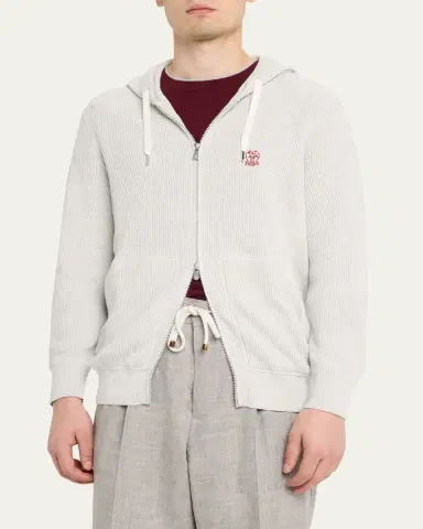 Brunello Cucinelli Men's Cotton Rib Hooded Cardigan Sweatshirt | Thumbnail 4 Brunello Cucinelli Men's Cotton Rib Hooded Cardigan Sweatshirt | Thumbnail 4