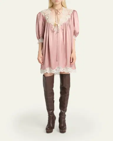 Chloé Lace-Trim Short-Sleeve Satin Mini Dress | Thumbnail 2 Chloé Lace-Trim Short-Sleeve Satin Mini Dress | Thumbnail 2