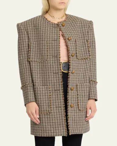 Chloé Fringed Houndstooth Wool Oversized Jacket | Thumbnail 4 Chloé Fringed Houndstooth Wool Oversized Jacket | Thumbnail 4