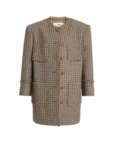 Chloé Fringed Houndstooth Wool Oversized Jacket | Thumbnail 1 Chloé Fringed Houndstooth Wool Oversized Jacket | Thumbnail 1