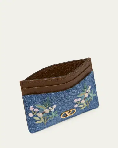 Valentino Garavani Floral-Embroidered Denim & Leather Card Holder | Thumbnail 4 Valentino Garavani Floral-Embroidered Denim & Leather Card Holder | Thumbnail 4