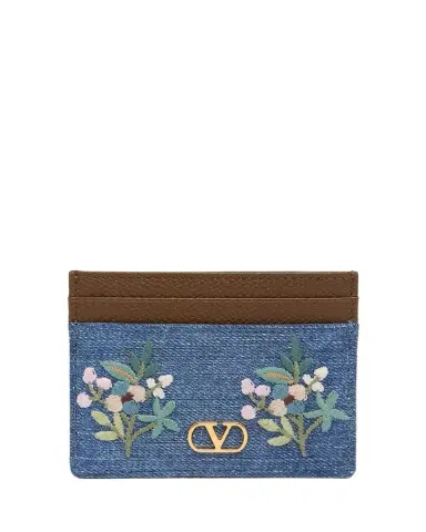 Valentino Garavani Floral-Embroidered Denim & Leather Card Holder | Thumbnail 1 Valentino Garavani Floral-Embroidered Denim & Leather Card Holder | Thumbnail 1