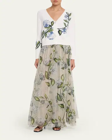 Oscar de la Renta Porcelain Flower Embroidered V-Neck Cardigan | Thumbnail 2 Oscar de la Renta Porcelain Flower Embroidered V-Neck Cardigan | Thumbnail 2