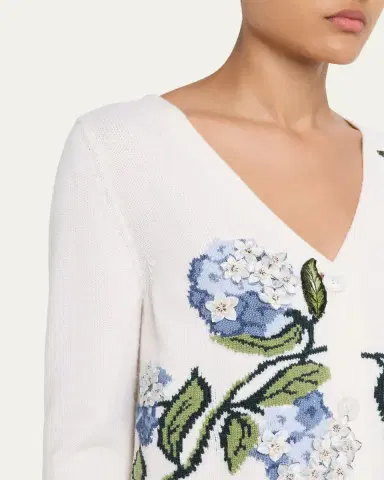 Oscar de la Renta Porcelain Flower Embroidered V-Neck Cardigan | Thumbnail 5 Oscar de la Renta Porcelain Flower Embroidered V-Neck Cardigan | Thumbnail 5