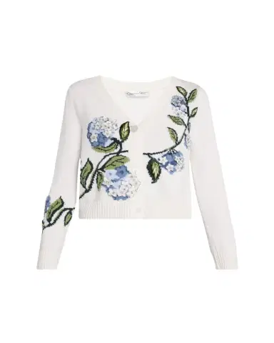 Oscar de la Renta Porcelain Flower Embroidered V-Neck Cardigan | Thumbnail 1 Oscar de la Renta Porcelain Flower Embroidered V-Neck Cardigan | Thumbnail 1