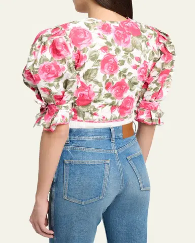 Chloé Floral Cotton Puff-Sleeve Button-Front Crop Top | Thumbnail 3 Chloé Floral Cotton Puff-Sleeve Button-Front Crop Top | Thumbnail 3