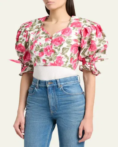 Chloé Floral Cotton Puff-Sleeve Button-Front Crop Top | Thumbnail 4 Chloé Floral Cotton Puff-Sleeve Button-Front Crop Top | Thumbnail 4
