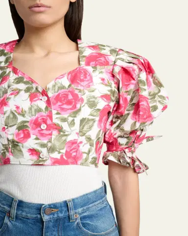 Chloé Floral Cotton Puff-Sleeve Button-Front Crop Top | Thumbnail 5 Chloé Floral Cotton Puff-Sleeve Button-Front Crop Top | Thumbnail 5