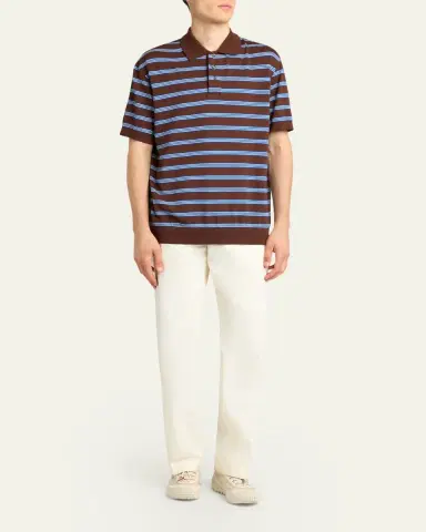 Moncler Men's Cotton Knit Triple-Stripe Polo Shirt | Thumbnail 2 Moncler Men's Cotton Knit Triple-Stripe Polo Shirt | Thumbnail 2