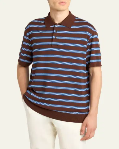 Moncler Men's Cotton Knit Triple-Stripe Polo Shirt | Thumbnail 4 Moncler Men's Cotton Knit Triple-Stripe Polo Shirt | Thumbnail 4