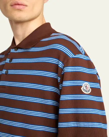 Moncler Men's Cotton Knit Triple-Stripe Polo Shirt | Thumbnail 5 Moncler Men's Cotton Knit Triple-Stripe Polo Shirt | Thumbnail 5