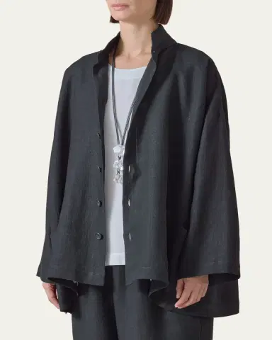 Eskandar Heavyweight Linen Angle-To-Front Double Stand Collar Jacket - Long Length | Thumbnail 4 Eskandar Heavyweight Linen Angle-To-Front Double Stand Collar Jacket - Long Length | Thumbnail 4