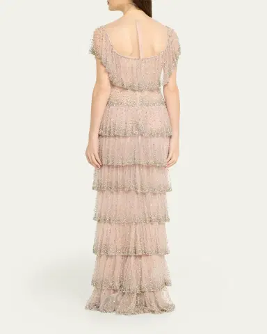 Costarellos Jesenia Crystal Ruffle Square-Neck Illusion Gown | Thumbnail 3 Costarellos Jesenia Crystal Ruffle Square-Neck Illusion Gown | Thumbnail 3