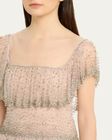 Costarellos Jesenia Crystal Ruffle Square-Neck Illusion Gown | Thumbnail 5 Costarellos Jesenia Crystal Ruffle Square-Neck Illusion Gown | Thumbnail 5