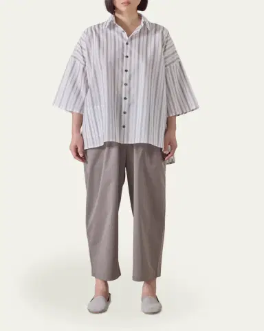 Eskandar Cotton Sloped Shoulder Wide A-Line Short Sleeve Shirt With Collar - Mid Plus Length | Thumbnail 2 Eskandar Cotton Sloped Shoulder Wide A-Line Short Sleeve Shirt With Collar - Mid Plus Length | Thumbnail 2