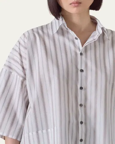 Eskandar Cotton Sloped Shoulder Wide A-Line Short Sleeve Shirt With Collar - Mid Plus Length | Thumbnail 5 Eskandar Cotton Sloped Shoulder Wide A-Line Short Sleeve Shirt With Collar - Mid Plus Length | Thumbnail 5