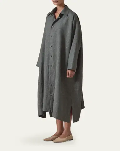 Eskandar Heavyweight Delave Linen Wide A-Line Shirt Dress With Collar | Thumbnail 4 Eskandar Heavyweight Delave Linen Wide A-Line Shirt Dress With Collar | Thumbnail 4