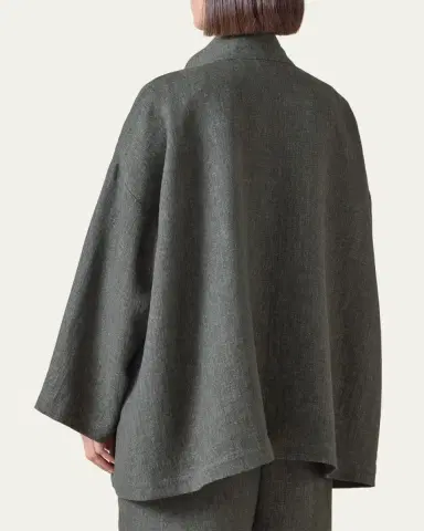 Eskandar Heavyweight Delave Linen Angle-To-Front Double Stand Collar Jacket - Long Length | Thumbnail 3 Eskandar Heavyweight Delave Linen Angle-To-Front Double Stand Collar Jacket - Long Length | Thumbnail 3